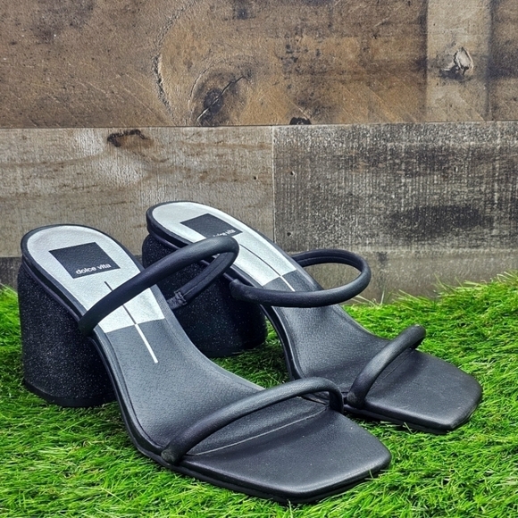 New Dolce Vita Block Heel Sandals Strappy Slide Black Glitter 8.5 - Picture 2 of 9
